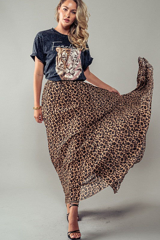 Pleated Leopard Maxi Skirt