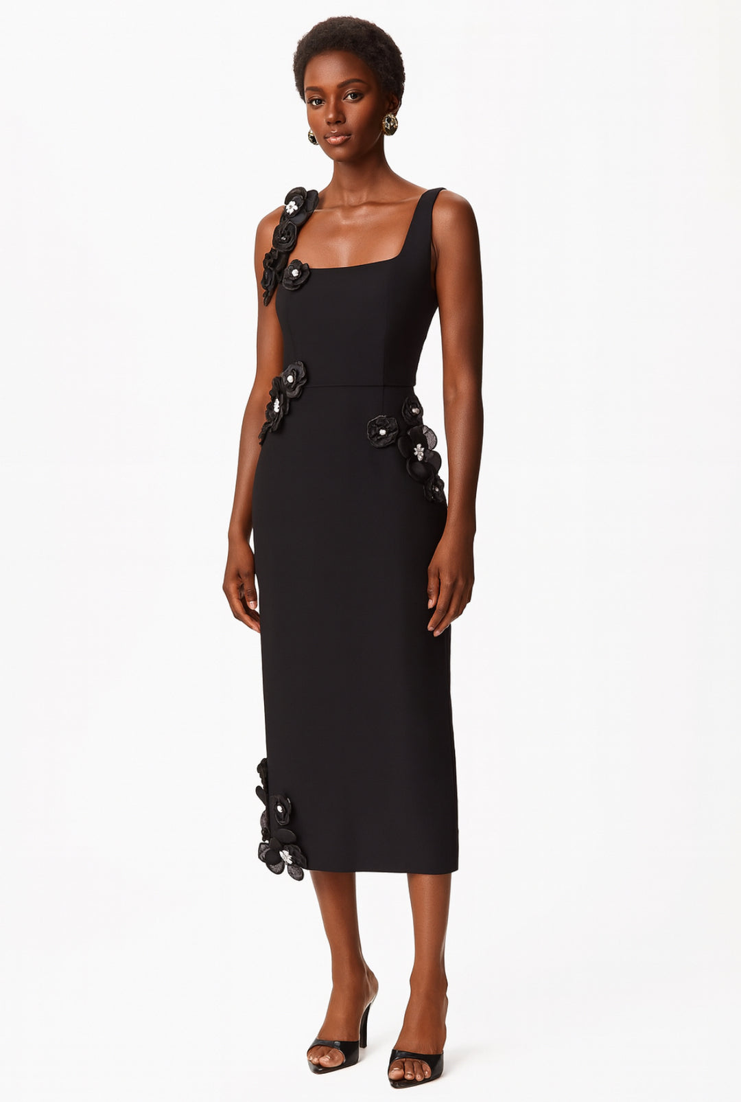 Black Floral Appliqué Midi Dress
