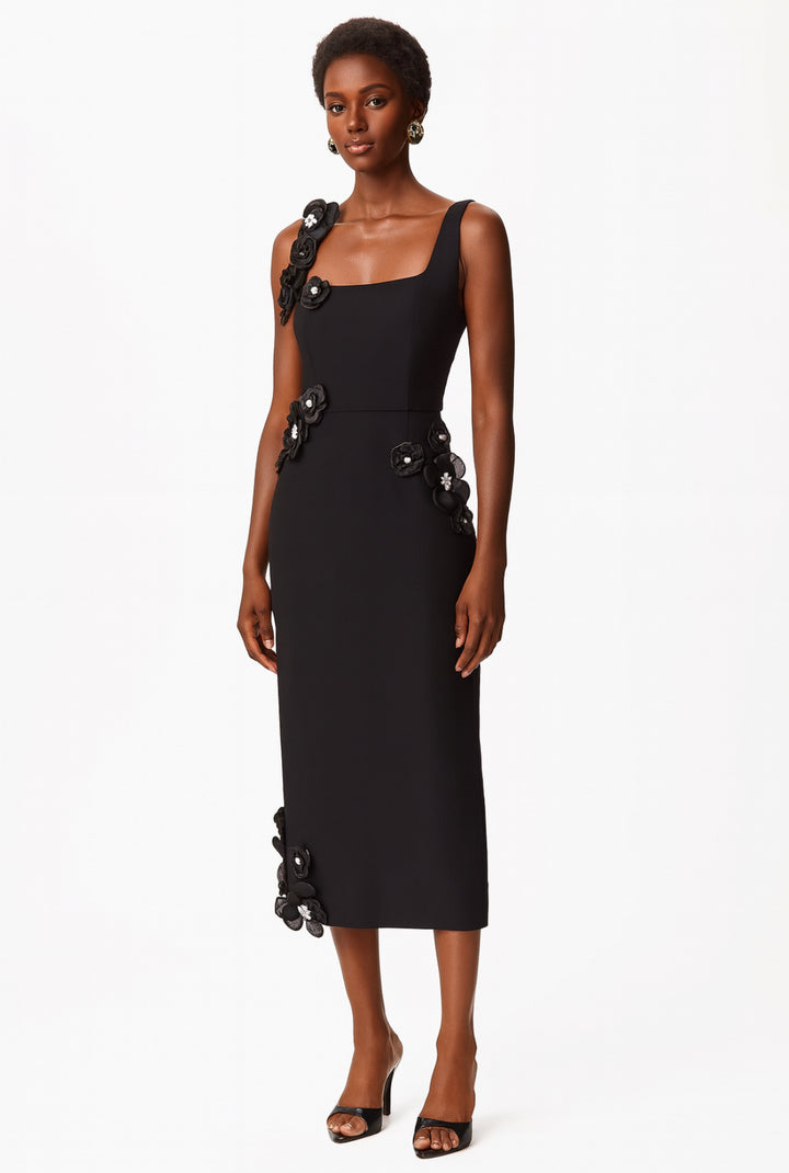 black dress floral applique Black Floral Appliqué Midi Dress