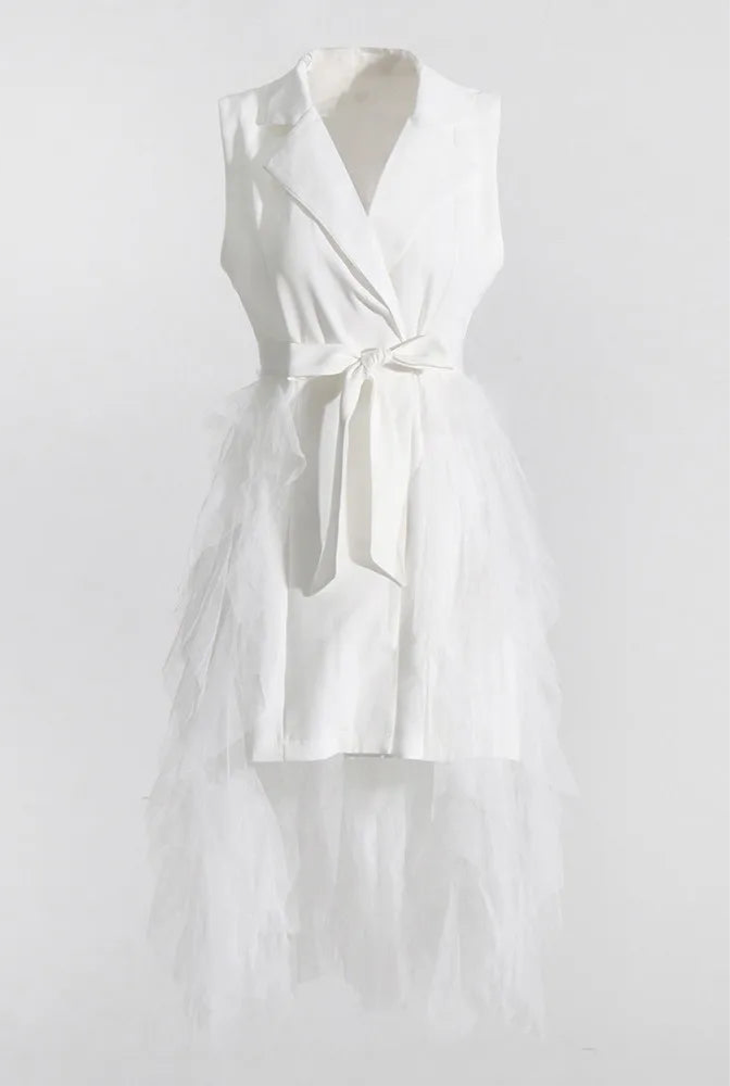 Tyla Notched Collar Sleeveless High Waist Patchwork Mesh Dress