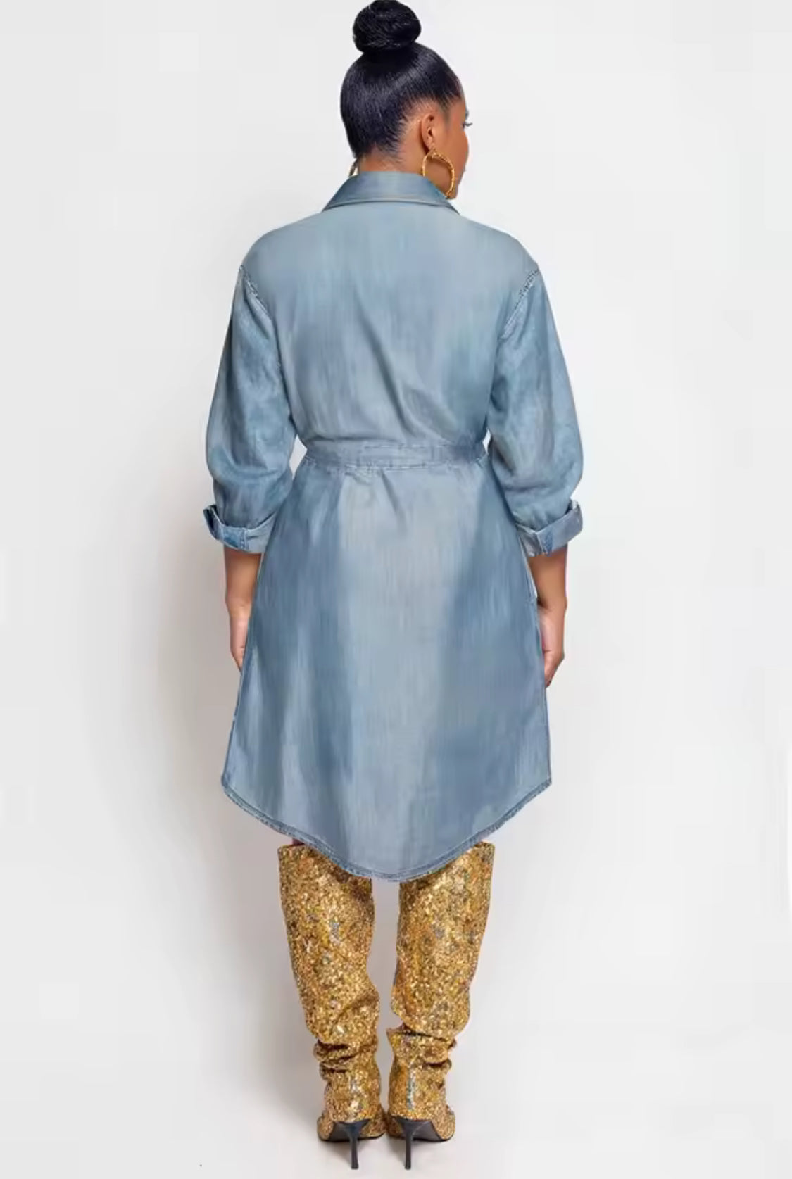 Golden Glam Denim Sequin Shirt Dress