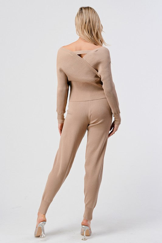 V Neck Knitted Sweater Pant Set