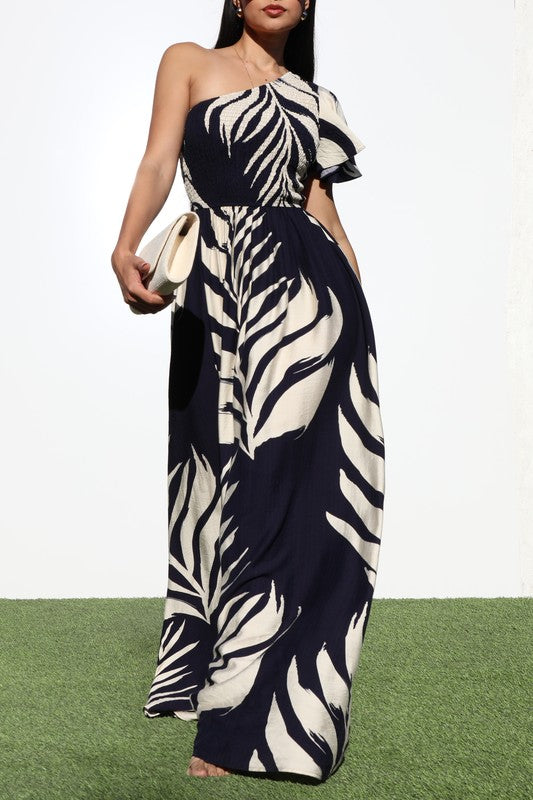 Loren’s Navy Blue and Cream Floral Print Maxi Dress