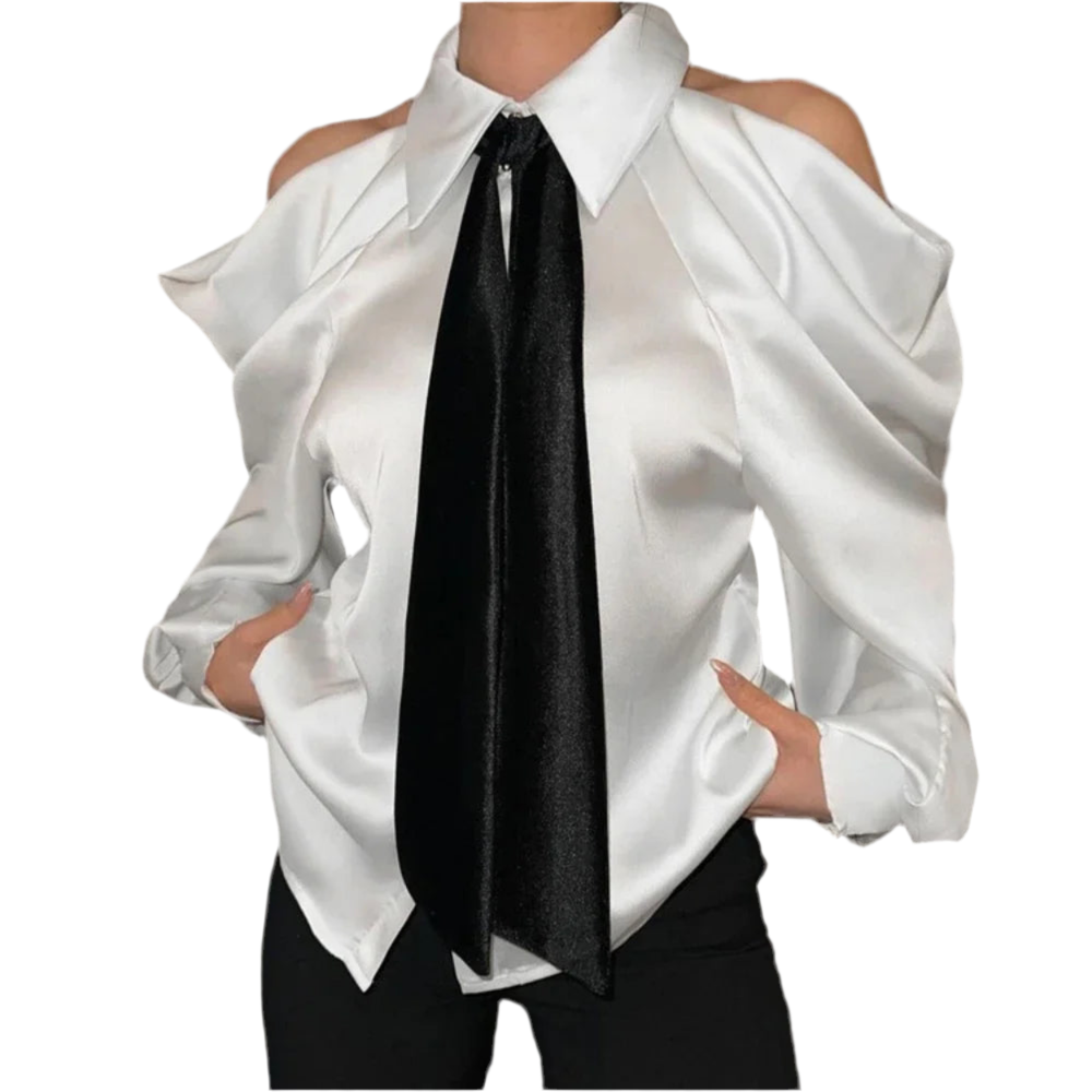 Cold-Shoulder Satin Tie Blouse