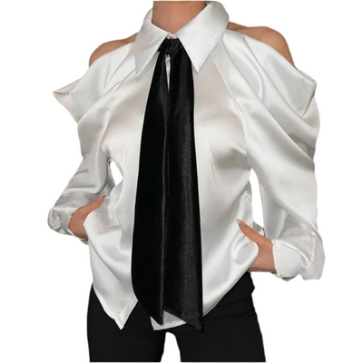Cold-Shoulder Satin Tie Blouse