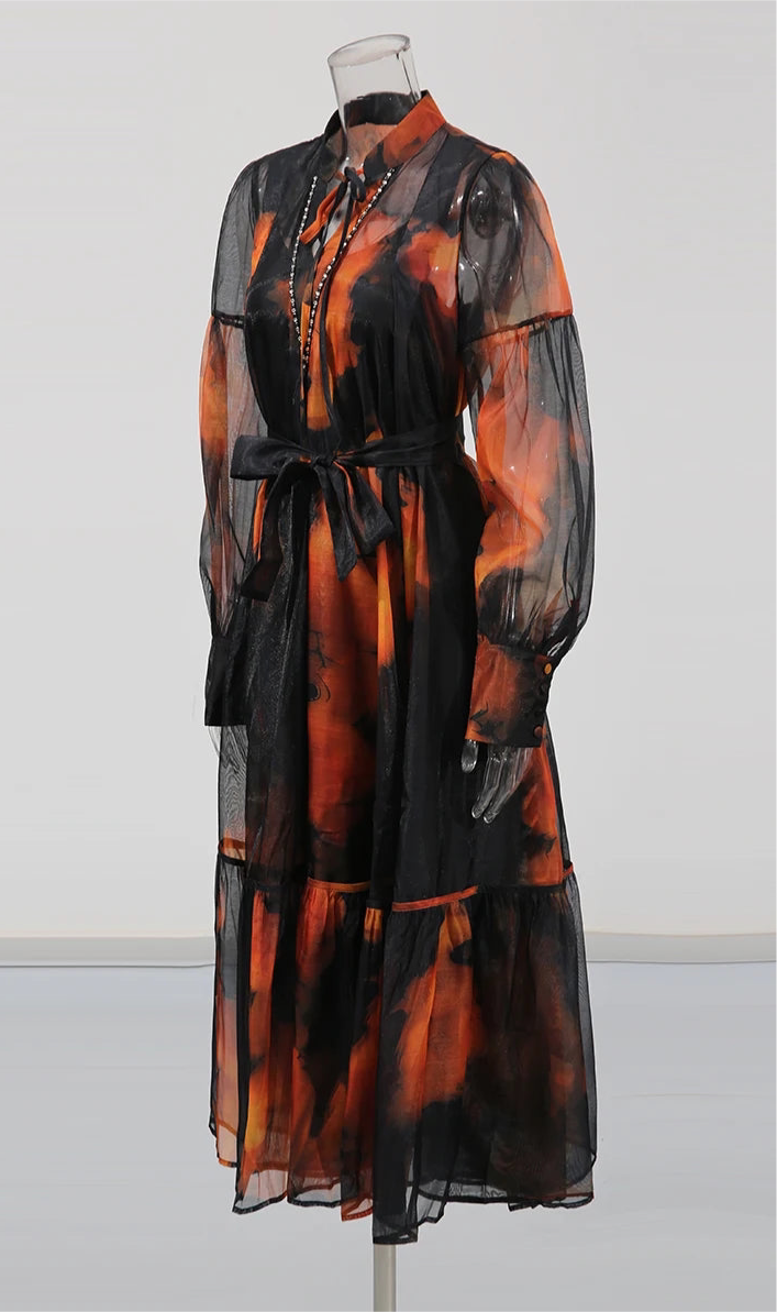 Midnight Ember Mesh Midi Dress