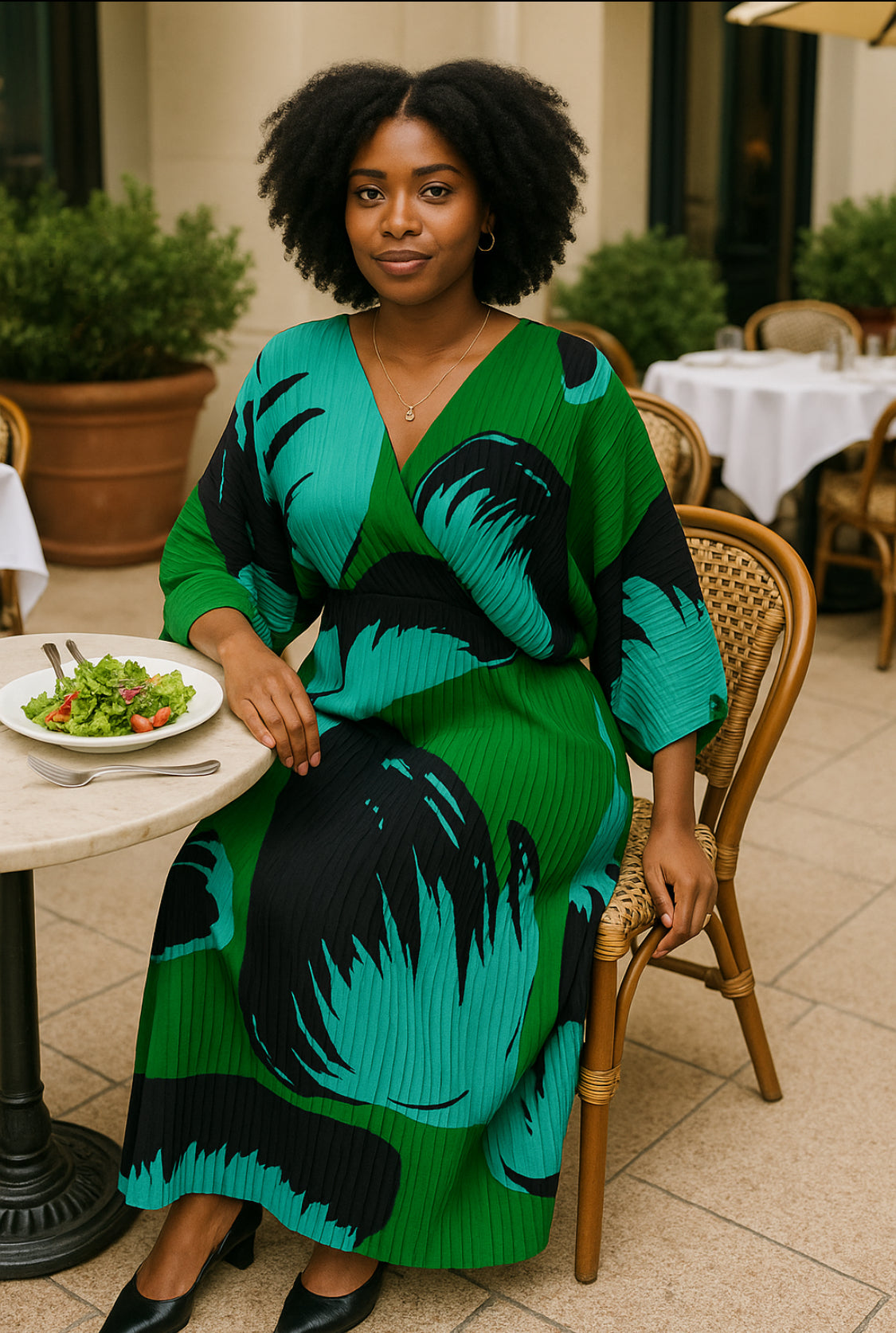 Emerald Brushstroke Pleated Maxi Dress