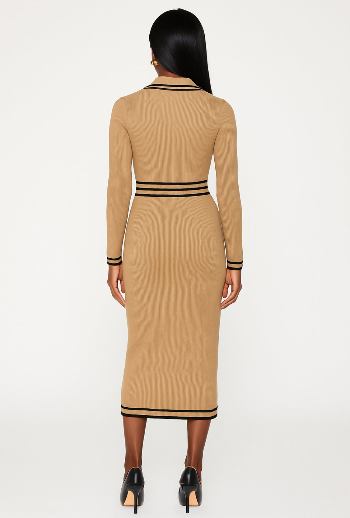 Camel Ribbed Knit Midi Dress