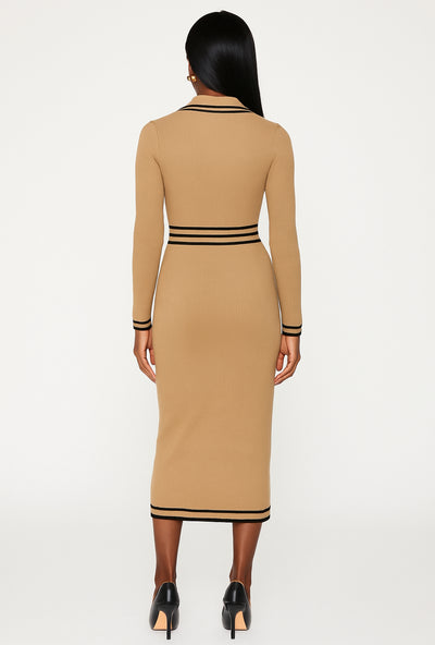 Camel Ribbed Knit Midi Dress