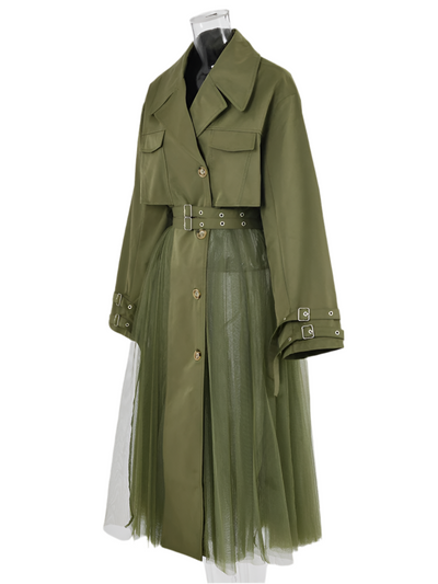 Olive Tulle Detail Trench Coat