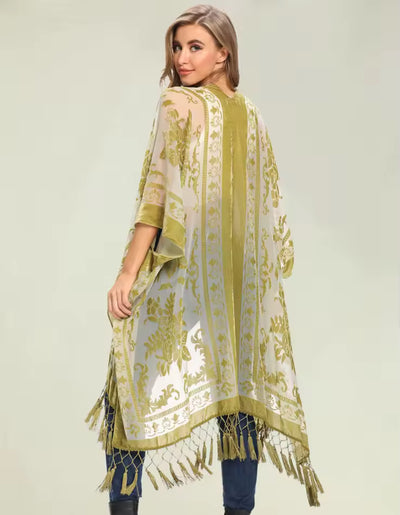 Sage Blossom Fringe Kimono
