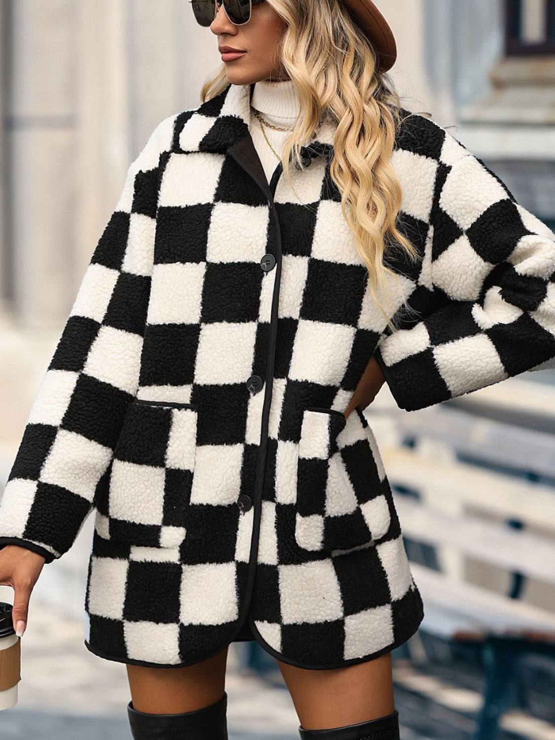 Women's Checkered Button Down Coat with Pockets