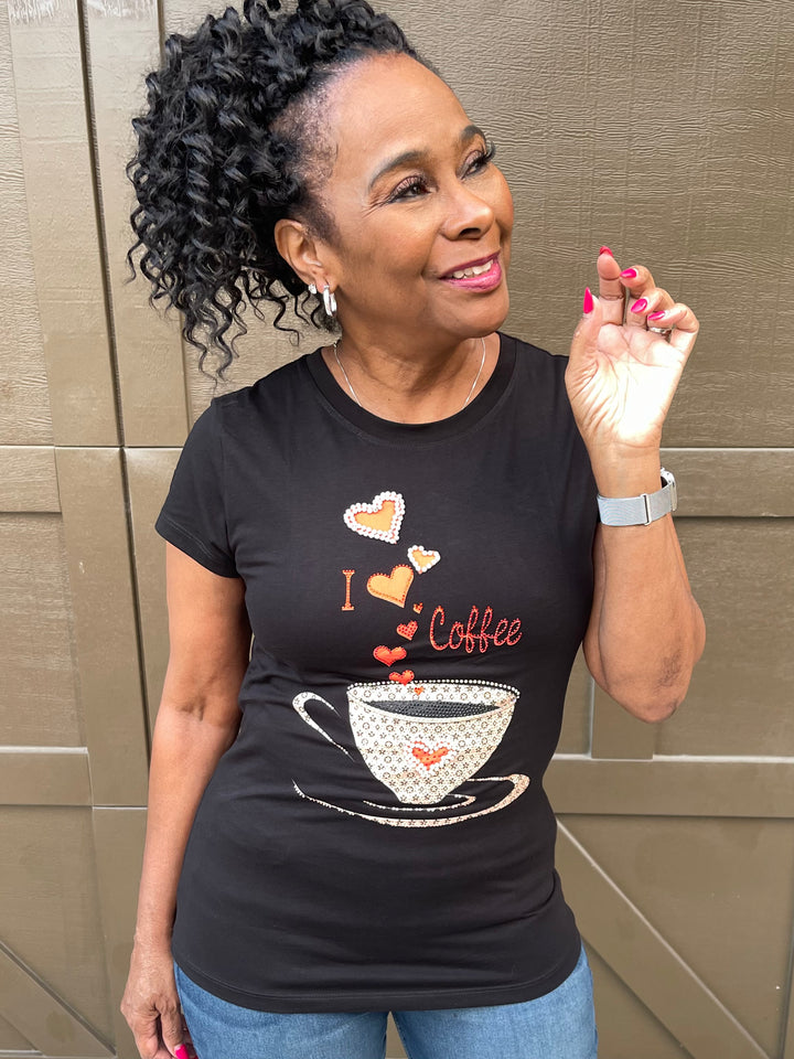 I Love Coffee Rhinestone Graphic Tee Shirtj