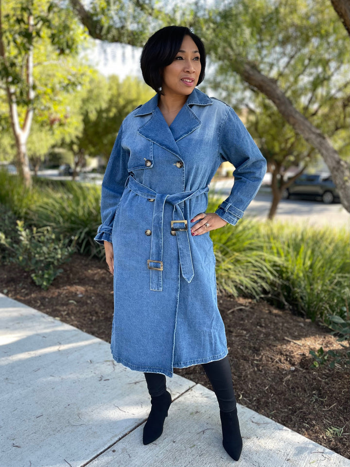 Medium Wash Denim Trench Coat