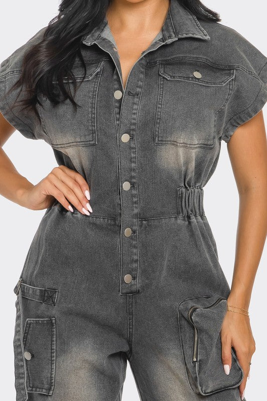 Athena Short Sleeve Cargo Denim Jumpsuit