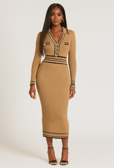 Camel Ribbed Knit Midi Dress