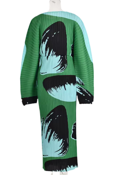 Emerald Brushstroke Pleated Maxi Dress