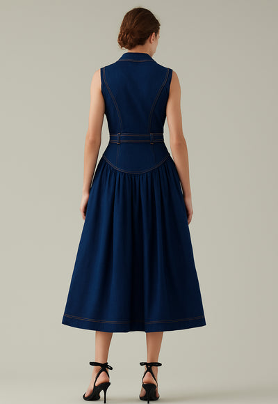 Sleeveless Denim Midi Dress with Gold Button Detai