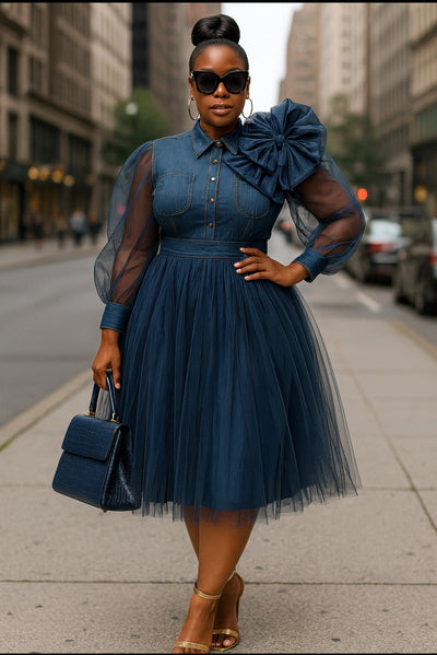 Denim Luxe Bow Tulle Midi Dress