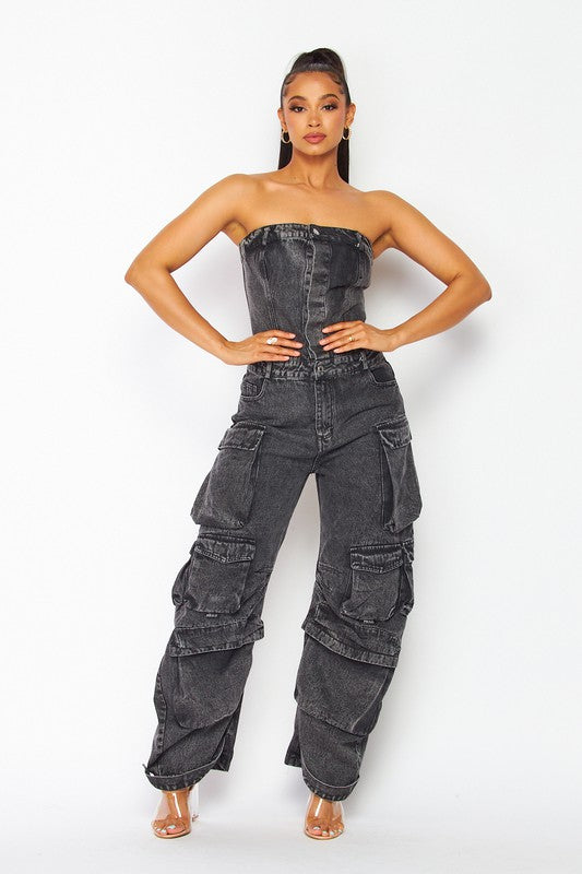 Elara Denim Cargo Jumpsuit