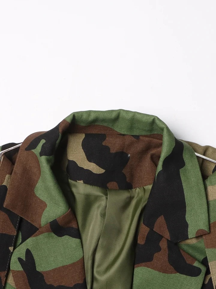 Camo Colorblock Blazer with Belt