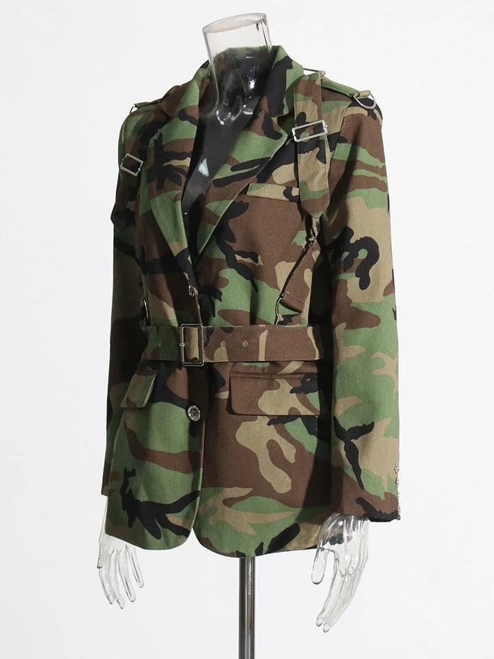 Camo Colorblock Blazer with Belt
