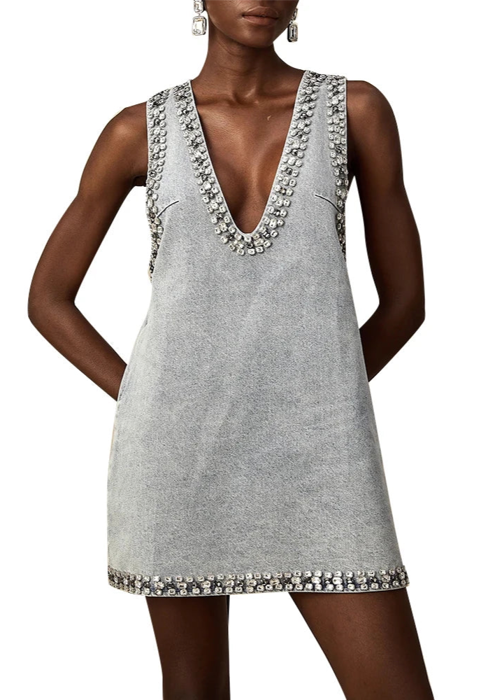 Starlight Denim Crystal Mini Dress