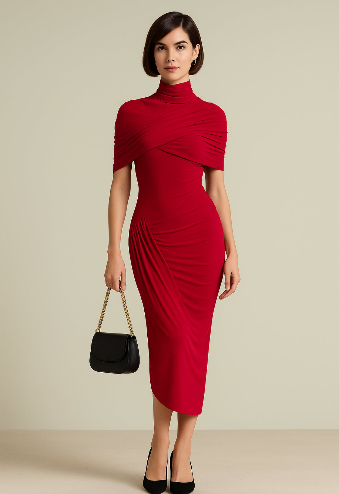 Crimson Elegance Draped Midi Dress