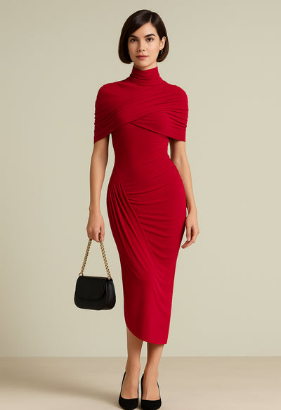 Crimson Elegance Draped Midi Dress
