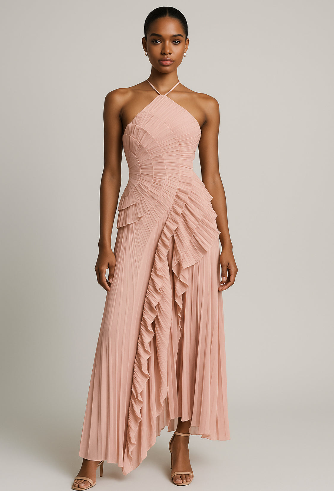 Blush Pleated Ruffle Maxi Dress