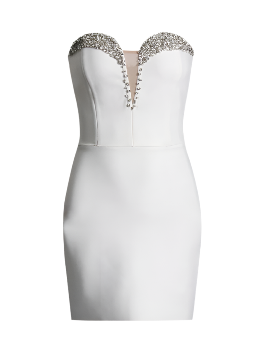 White Rhinestone Strapless Mini Dress
