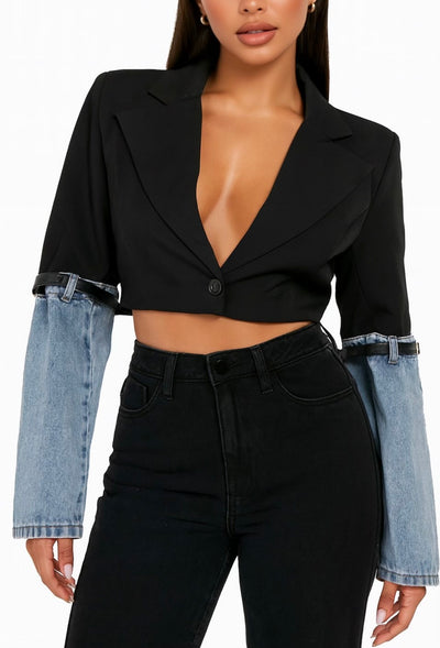 Spliced Denim Button-Fly Blazer