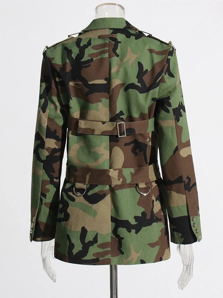 Camo Colorblock Blazer with Belt