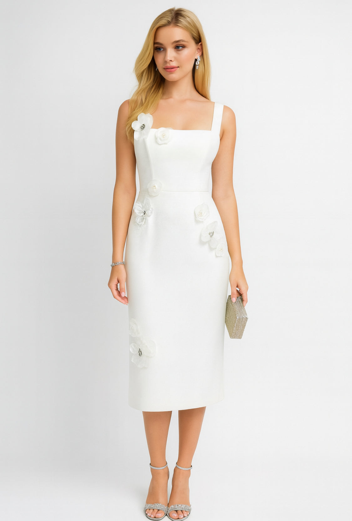 Black Floral Appliqué Midi Dress