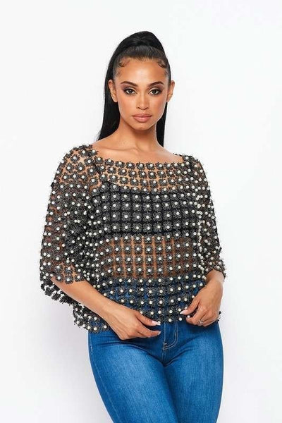 Gloria Hollow Out Pearls T Shirts