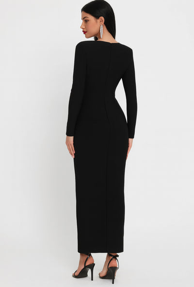 Embellished Black Long Sleeve Maxi Dress