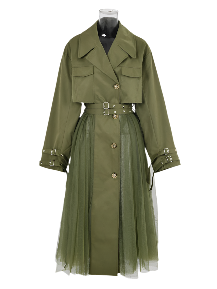 Olive Tulle Detail Trench Coat