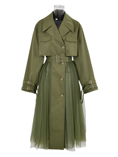 Olive Tulle Detail Trench Coat