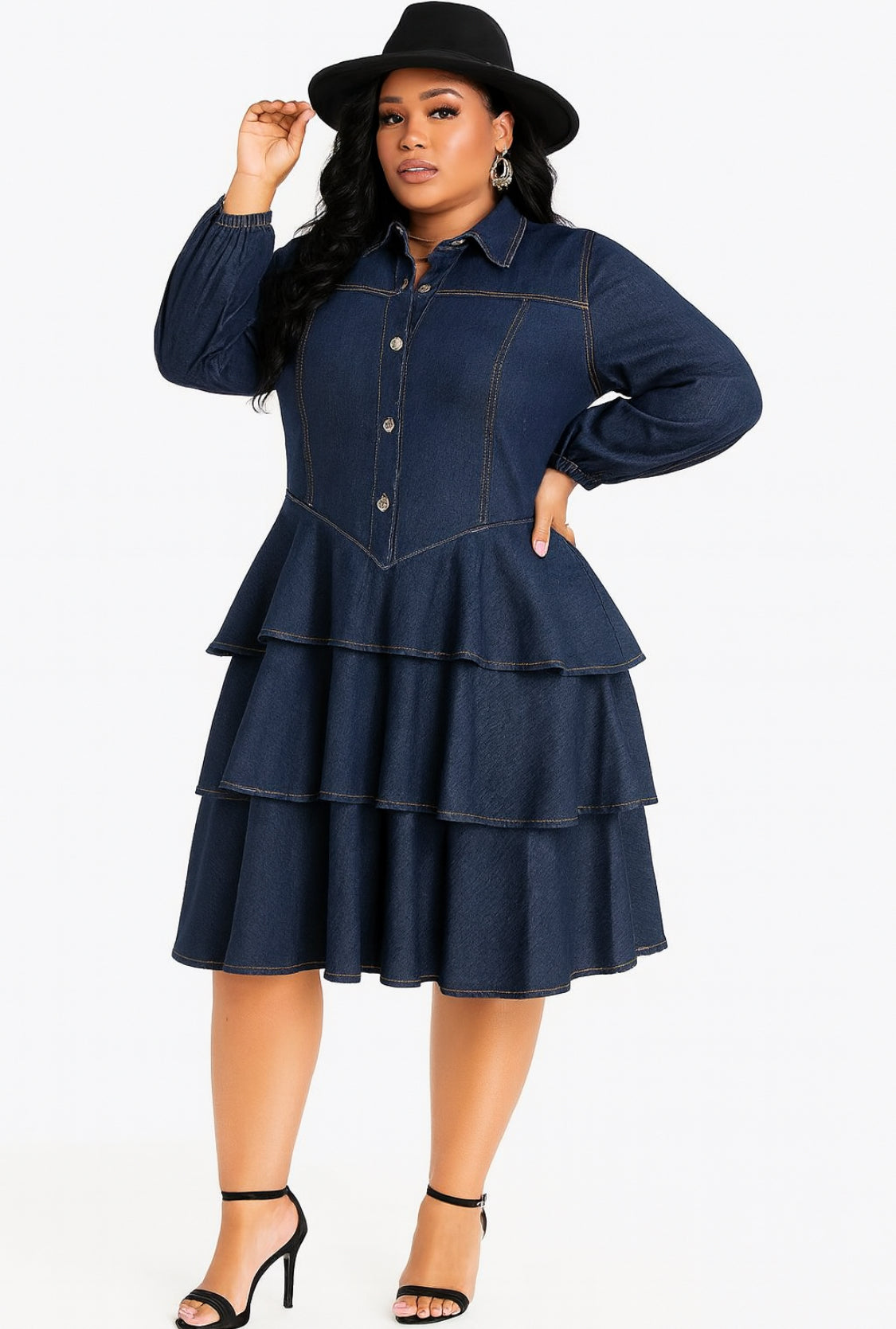 Denim Tiered Ruffle Midi Dress