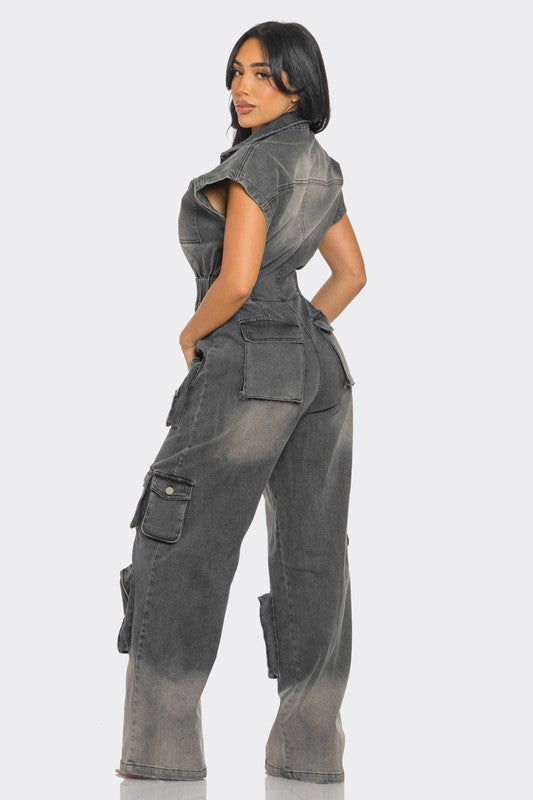 Athena Short Sleeve Cargo Denim Jumpsuit