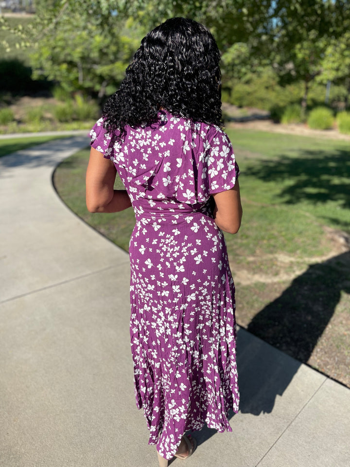 Charity RUFFLED WOVEN WRAP Midi DRESS