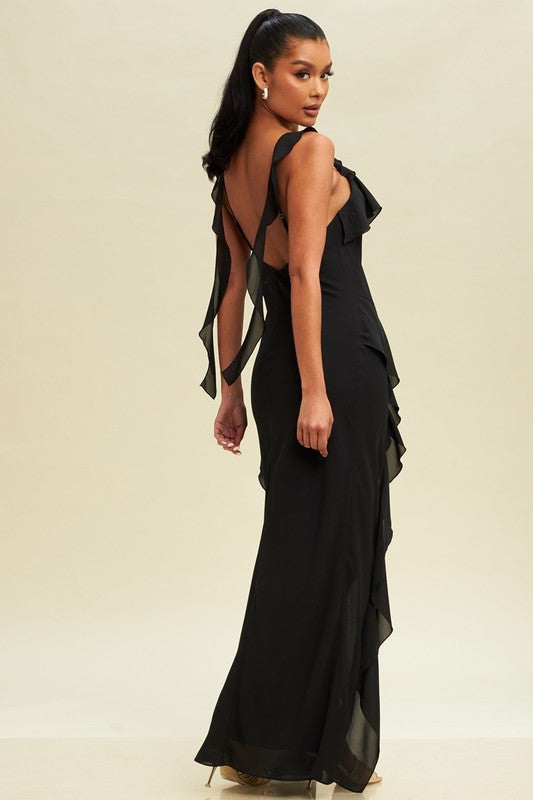 Chiffon Black Ruffle Maxi Dress