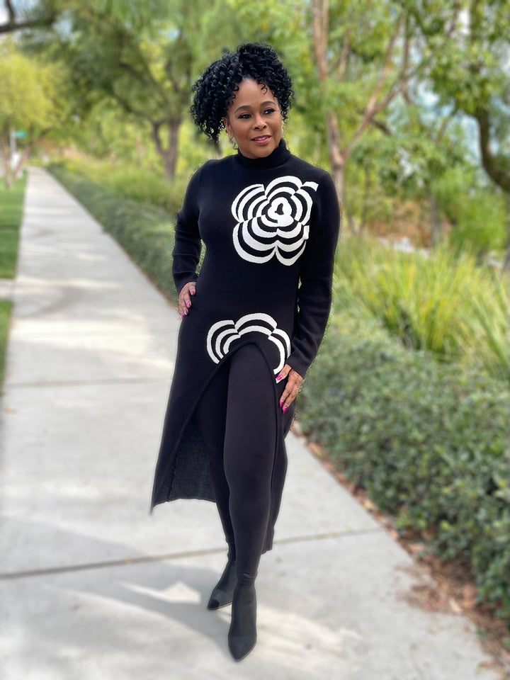Asymmetric Turtleneck Long Floral Sweater