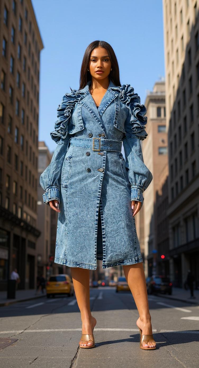 Amaria Denim Ruffle Detail Coat