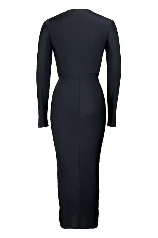 Black Draped Long-Sleeve Midi Dress