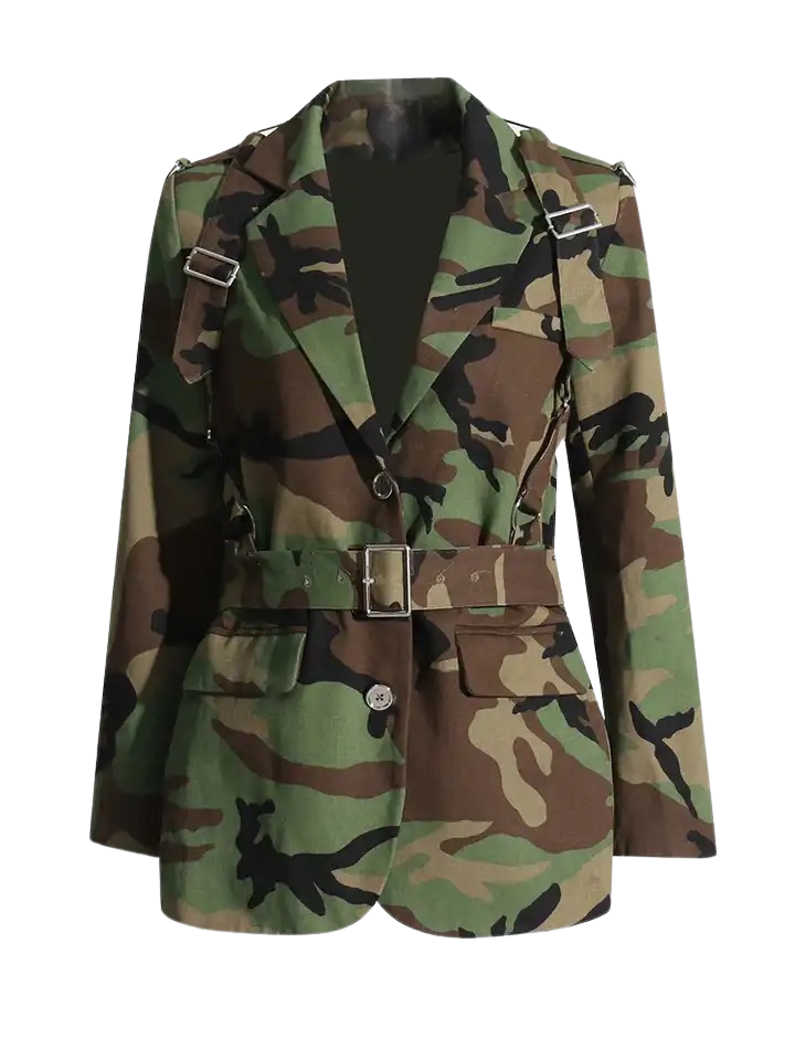 Camo Colorblock Blazer with Belt