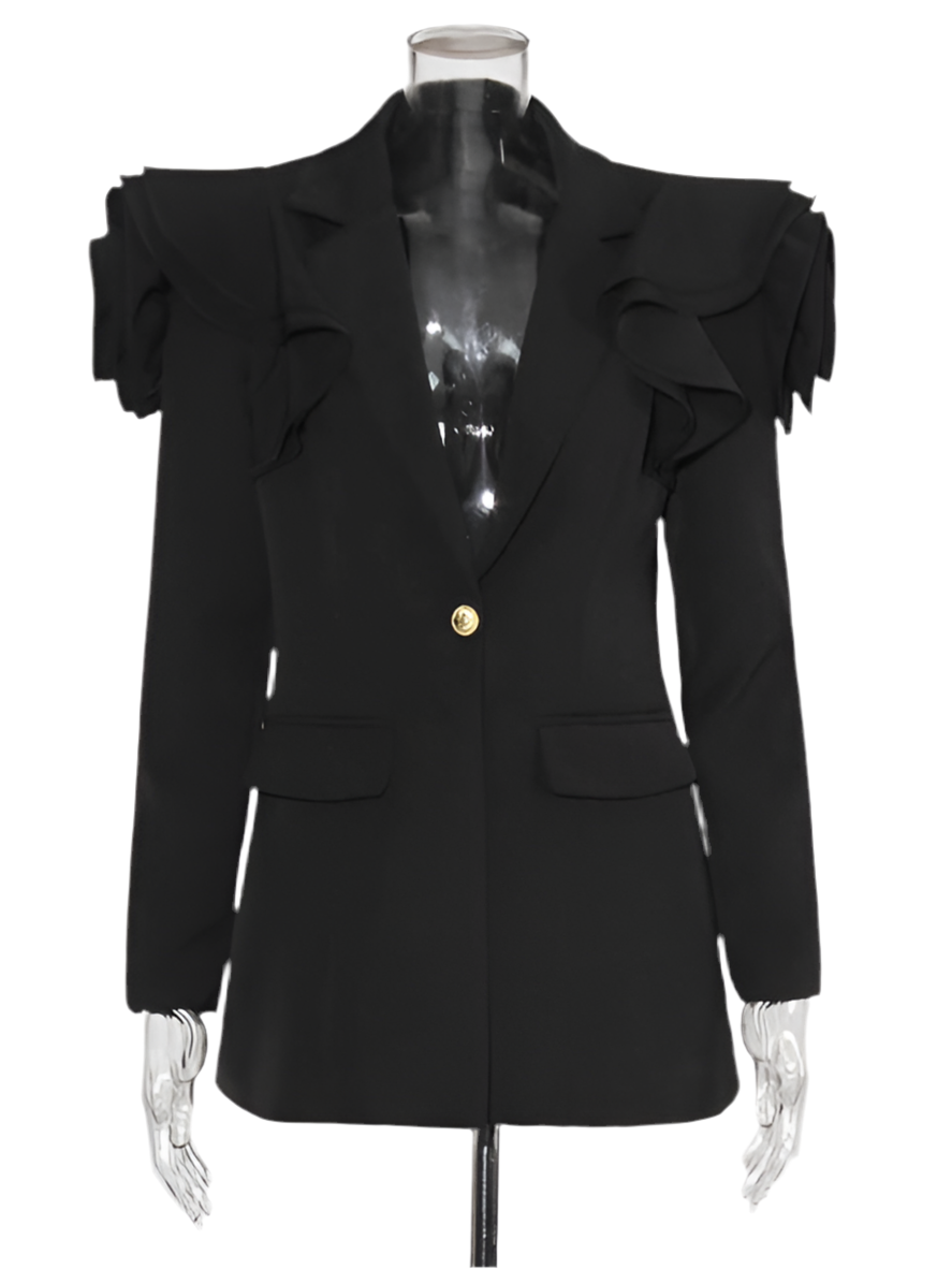 Chic Black Ruffle Shoulder Blazer