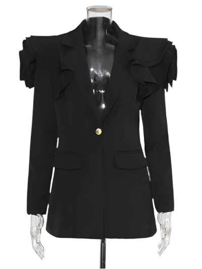 Chic Black Ruffle Shoulder Blazer