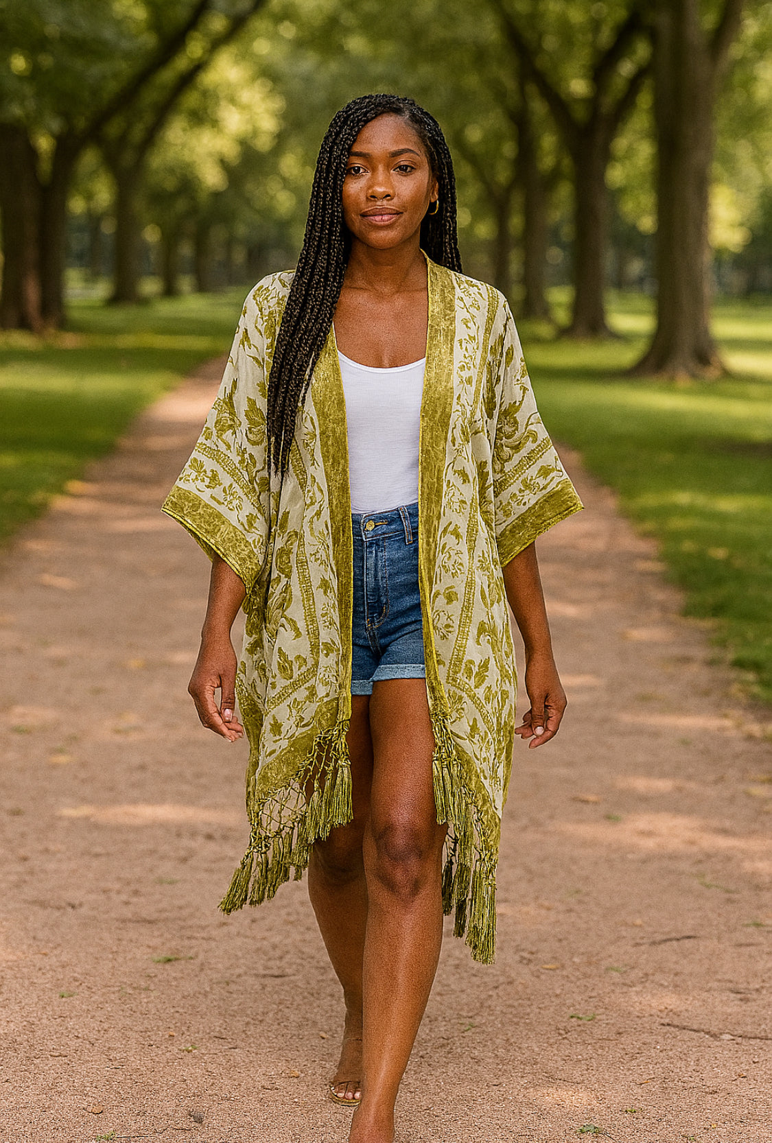 Sage Blossom Fringe Kimono
