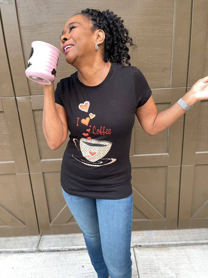 I Love Coffee Rhinestone Graphic Tee Shirtj
